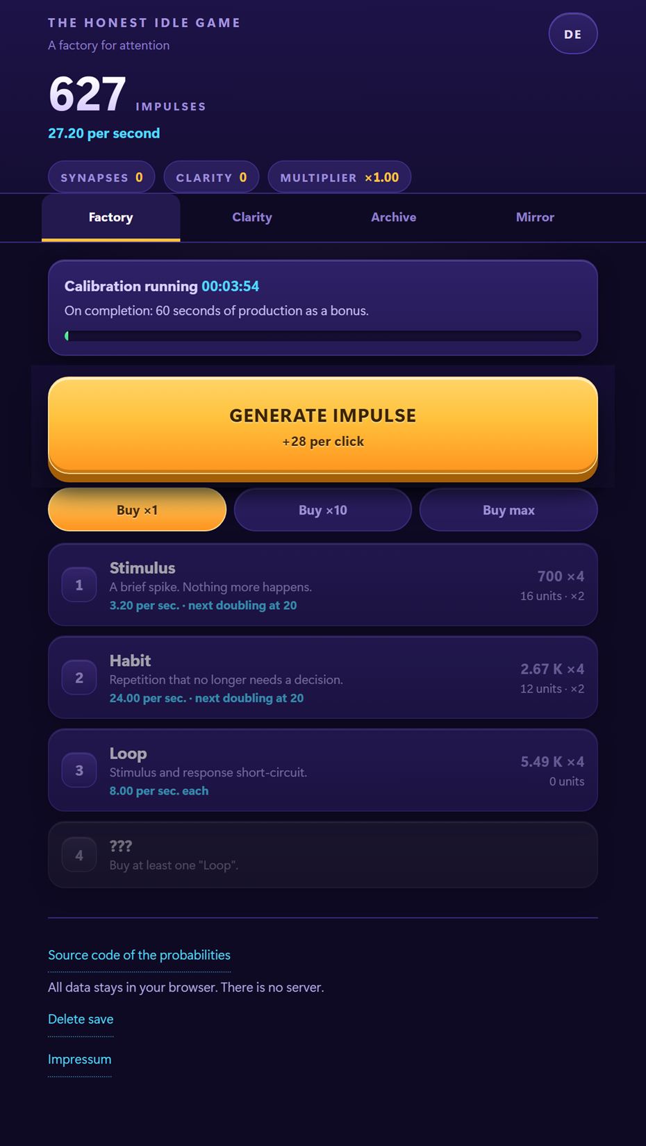 The game after a few minutes: impulse counter, gold click button, three purchased generators and a running calibration bar.