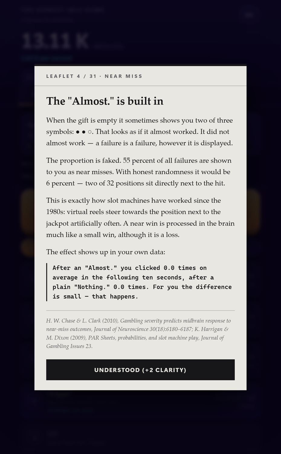 A package-insert modal in the game: a light paper sheet headed “The Almost. is built in”, with explanatory text, a source line and the player's personal statistic.