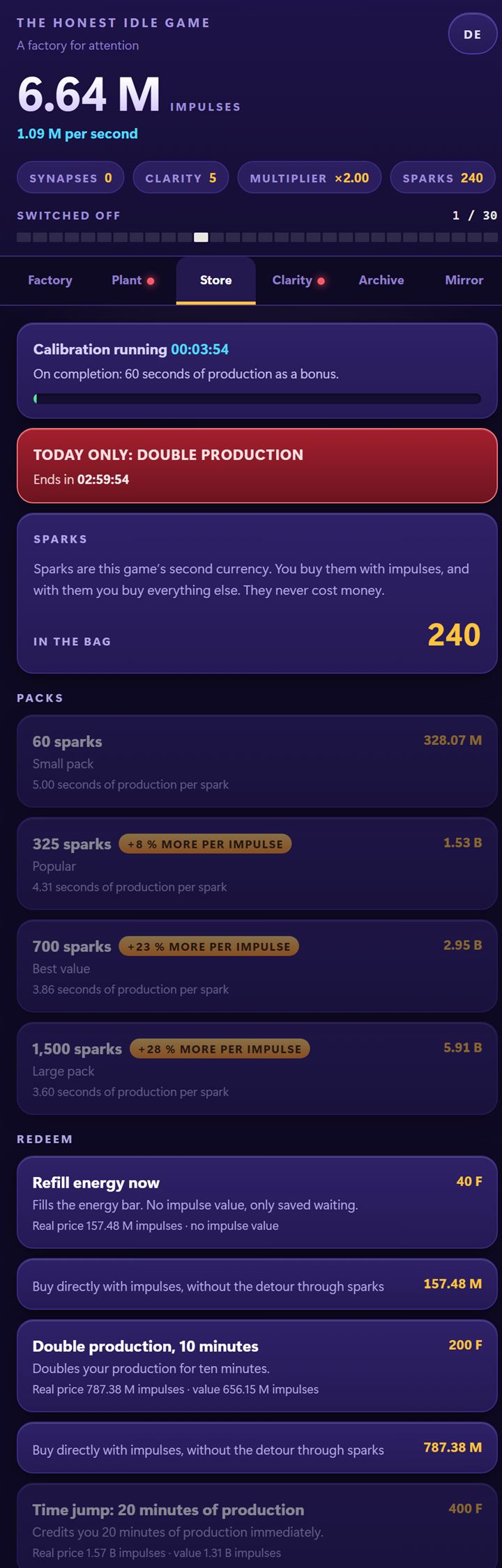 The store with spark packs, volume discounts and the disclosed prices in impulses.