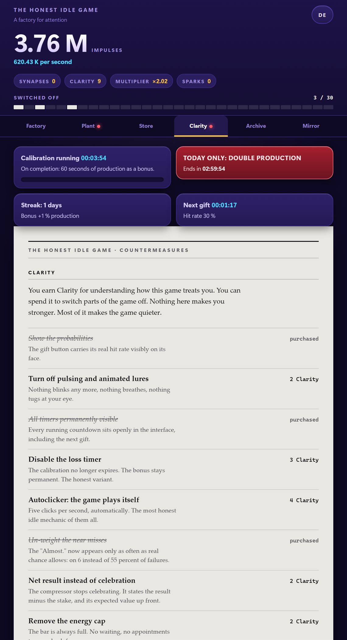 The Clarity tab: the violet machine chrome at the top with a red FOMO banner, and directly below it the report on paper with hairlines, serif type and struck-through purchased entries.